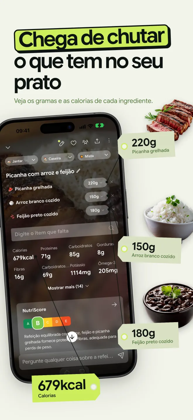 NutriScan reconhece picanha grelhada, arroz branco e feijão preto em uma foto, com os gramas e as calorias de cada ingrediente, 679 kcal no total