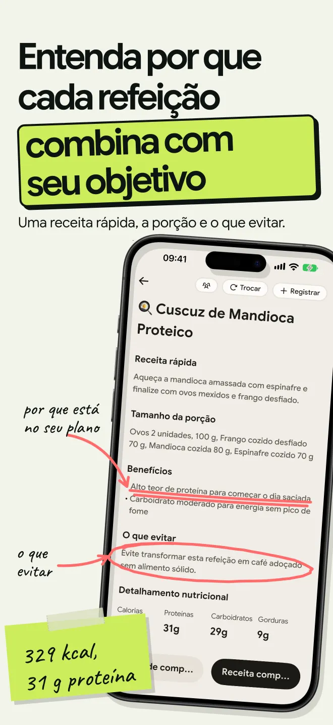 Uma refeição do plano com receita rápida, porções em gramas, benefícios e o que evitar