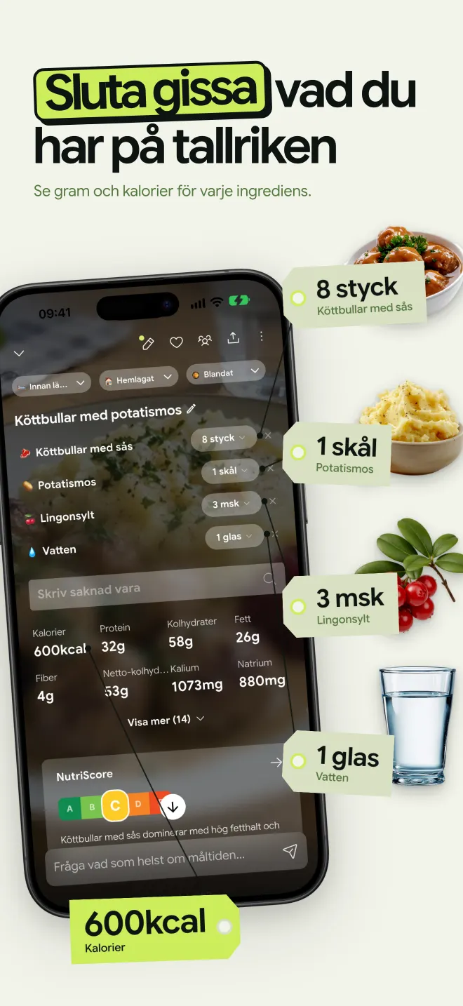 NutriScan känner igen köttbullar med potatismos, lingonsylt och vatten från ett foto, med portion och kalorier för varje ingrediens, 600 kcal totalt