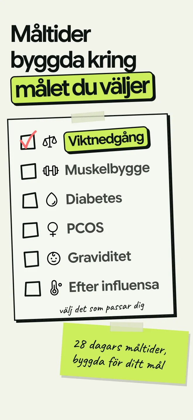 Välj mål bland viktnedgång, muskelbygge, diabetes, PCOS, graviditet eller efter influensa och få 28 dagars måltider