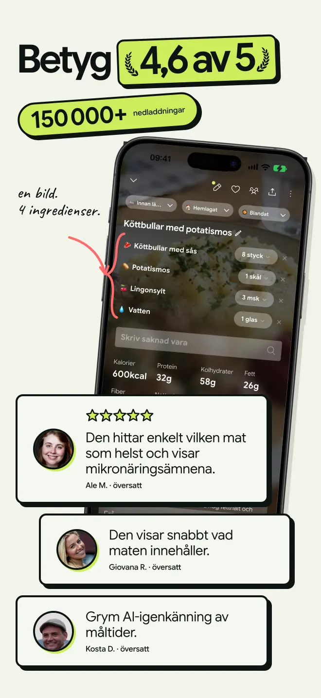 NutriScan har betyget 4,6 av 5 och över 150 000 nedladdningar, med omdömen från användare