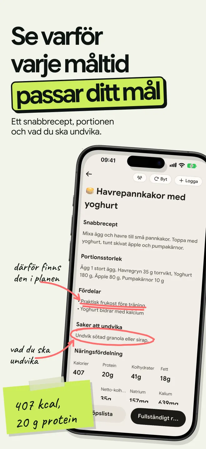 En måltid ur planen med snabbrecept, portioner i gram, fördelar och vad du ska undvika