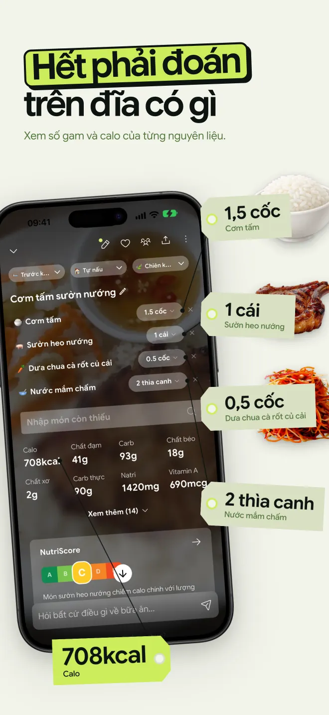 NutriScan nhận diện món cơm tấm sườn nướng từ một tấm ảnh, ghi số gam và calo của từng nguyên liệu, tổng 708 kcal