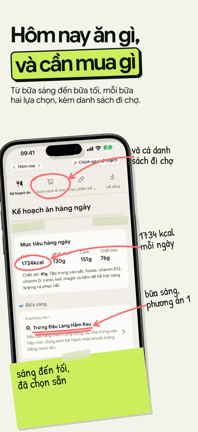 Kế hoạch ăn hằng ngày với mục tiêu 1734 kcal, hai lựa chọn cho mỗi bữa và danh sách đi chợ